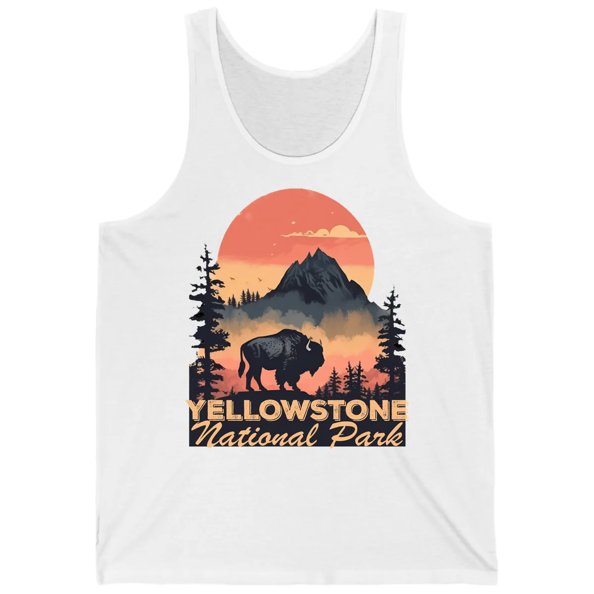 Yellowstone Bison Sunset Mountain Tank in White