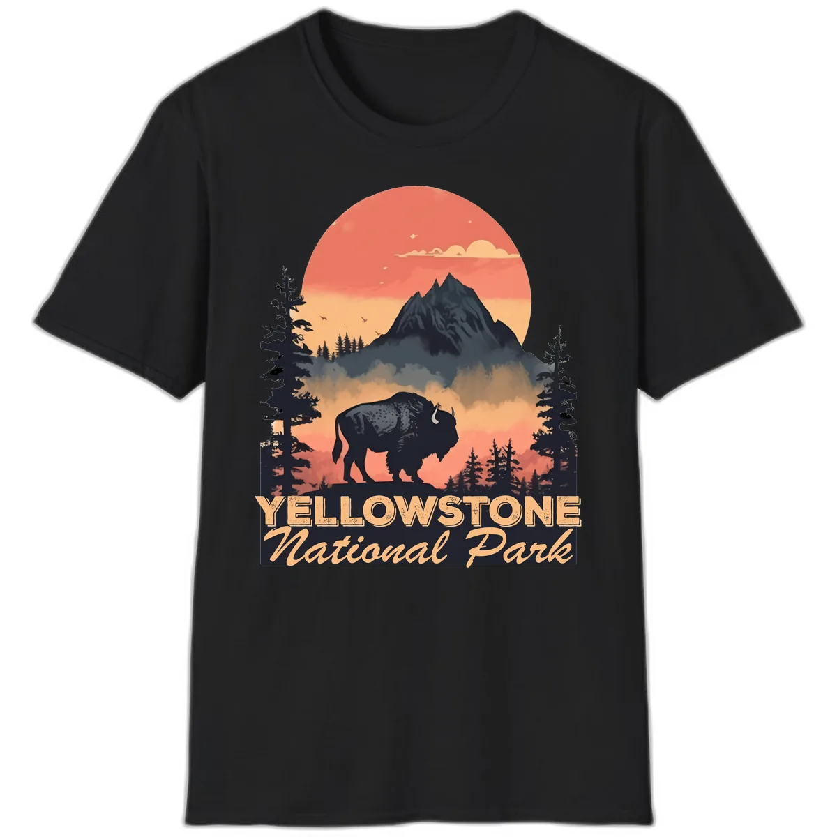 Yellowstone Bison Sunset Mountain T-Shirt in Black