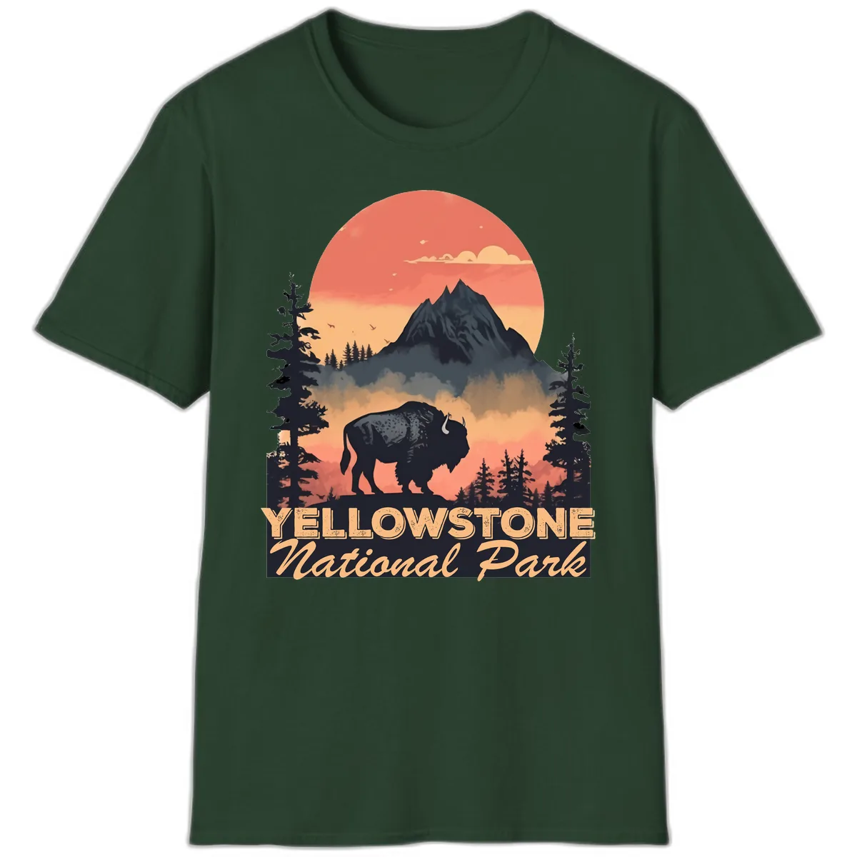 Yellowstone Bison Sunset Mountain T-Shirt in Forest Green