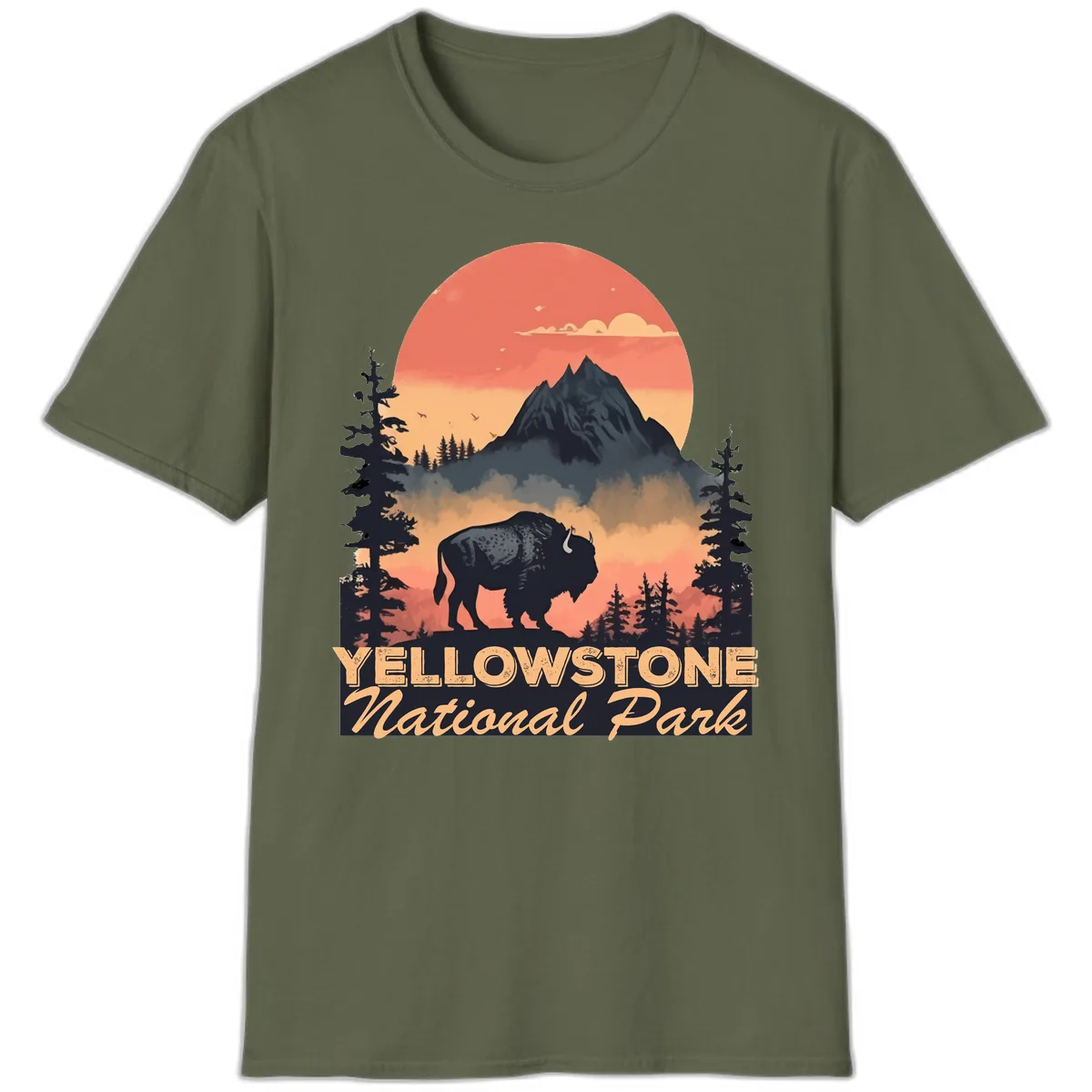 Yellowstone Bison Sunset Mountain T-Shirt in Military Green