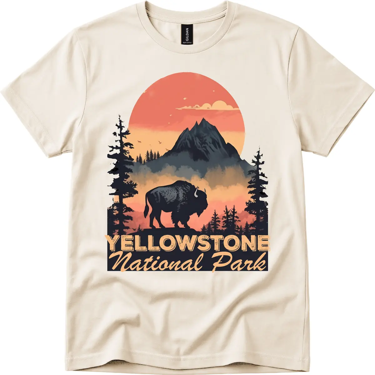 Yellowstone Bison Sunset Mountain T-Shirt in Natural