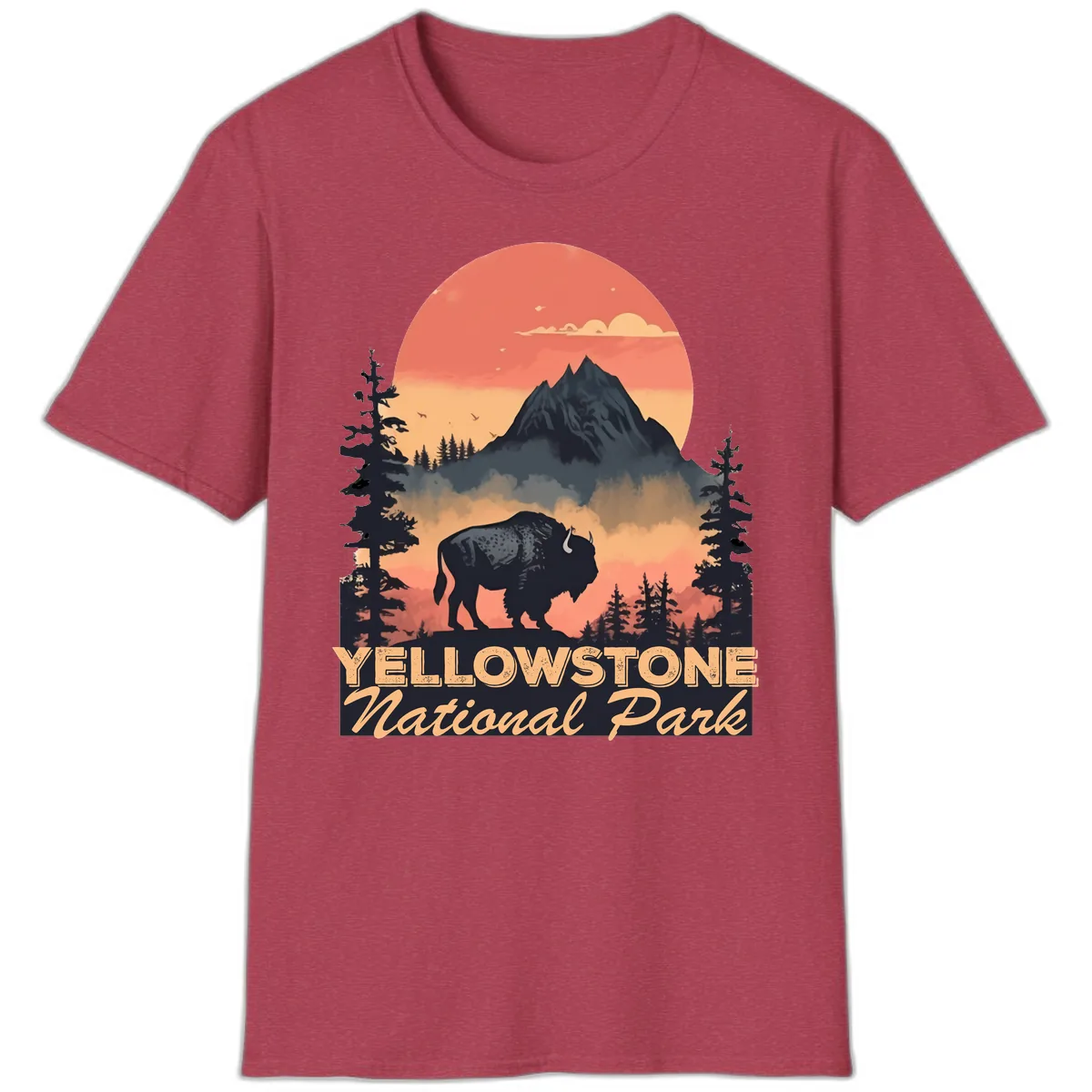 Yellowstone Bison Sunset Mountain T-Shirt in Heather Cardinal