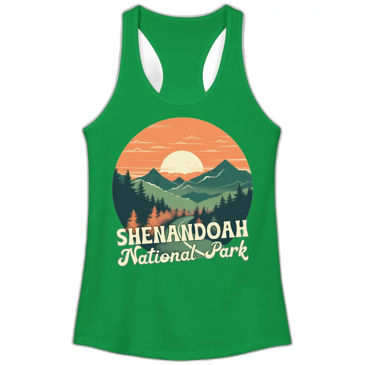 Shenandoah National Park Sunset Ladies Tank in Solid Kelly Green