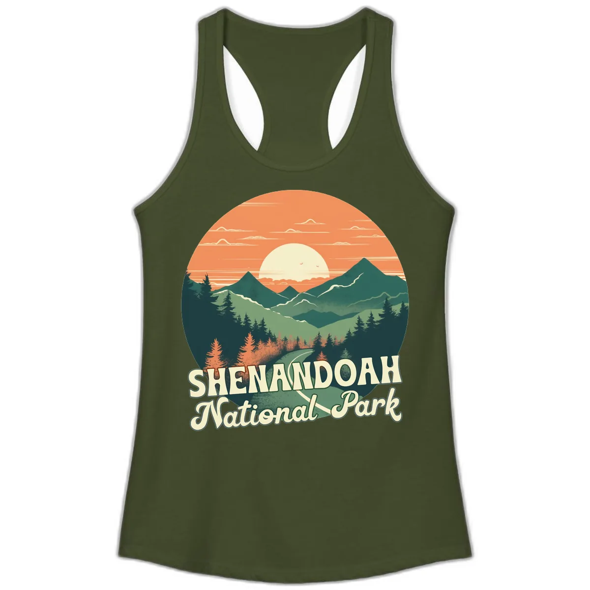 Shenandoah National Park Sunset Ladies Tank in Solid Military Green