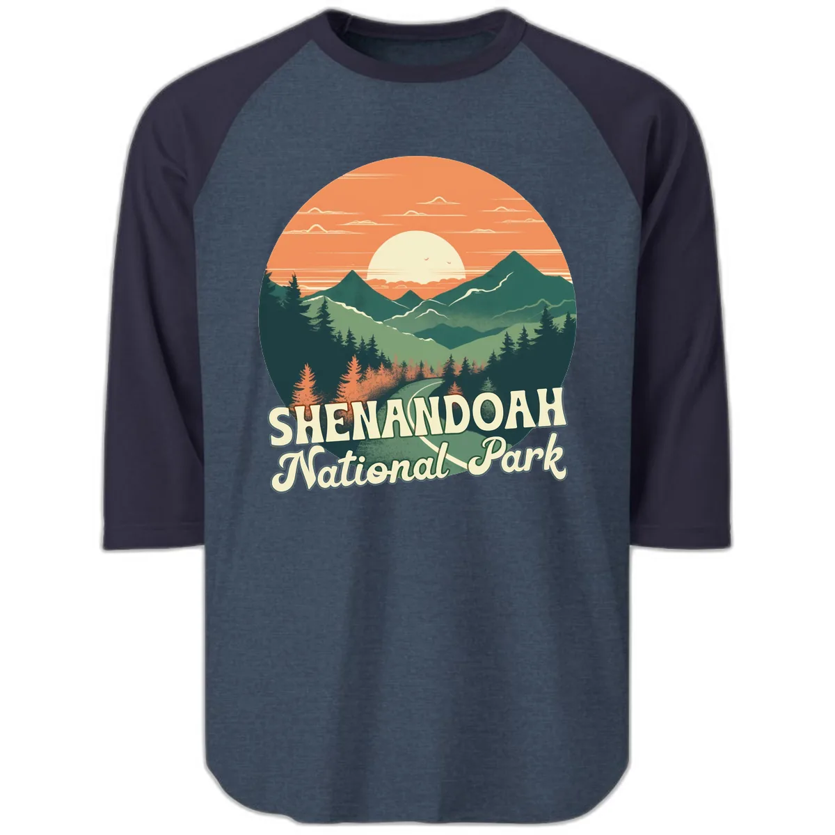 Shenandoah National Park Sunset Raglan 3/4 in Heather Denim Navy