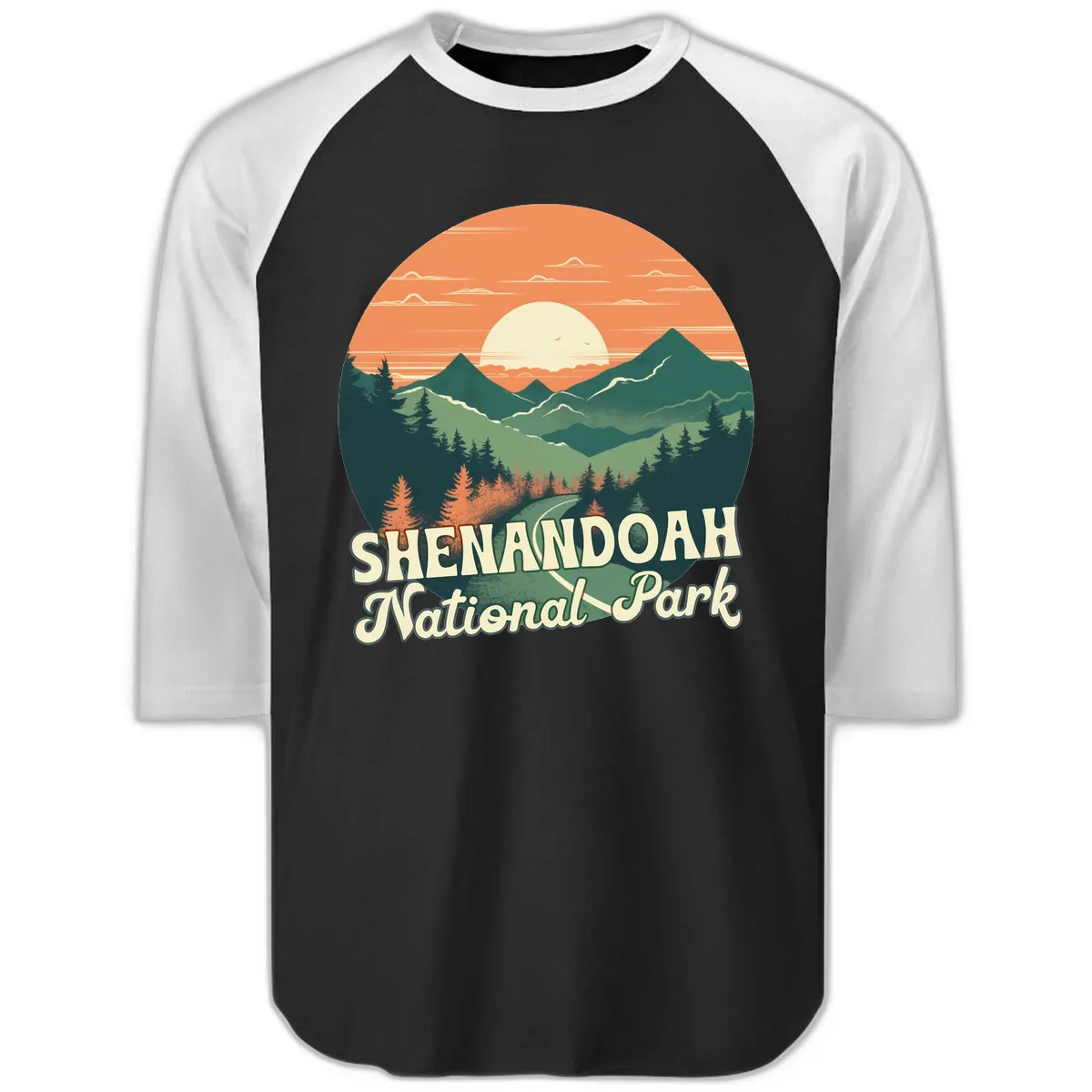 Shenandoah National Park Sunset Raglan 3/4 in Black White