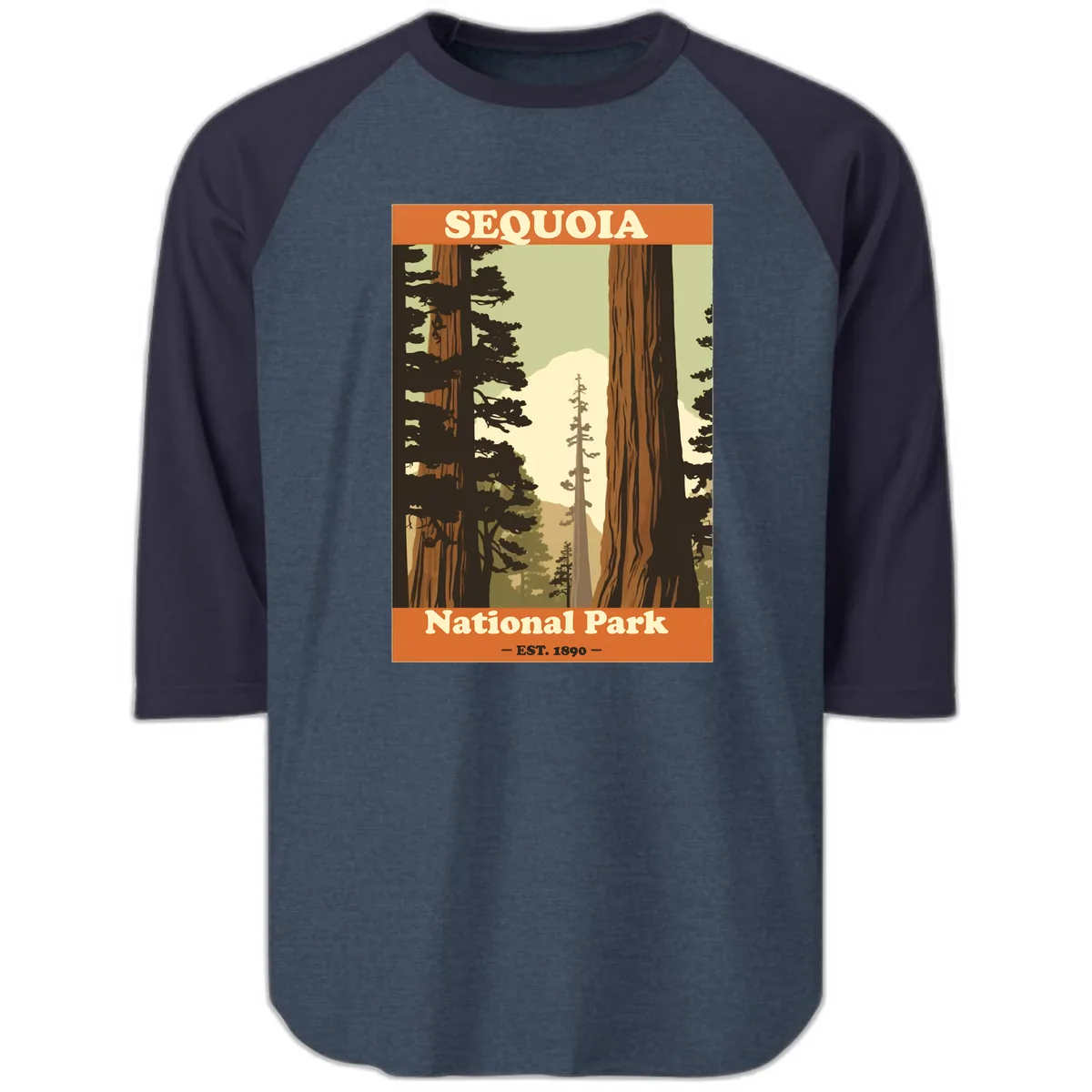 Sequoia National Park Forest Vista Raglan 3/4 in Heather Denim Navy