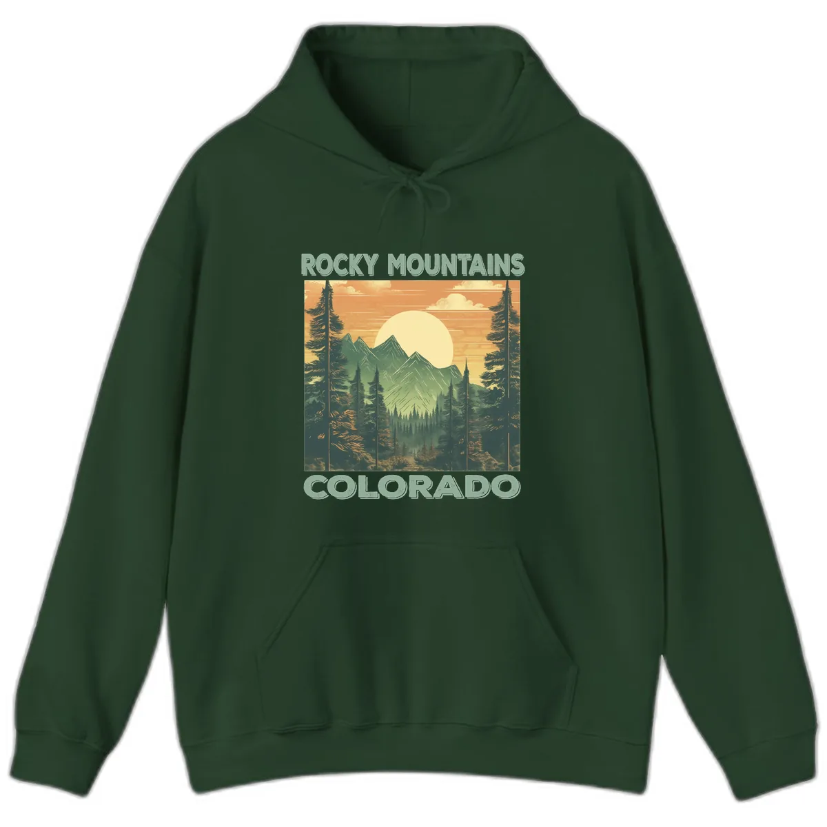 Rocky Mountains Colorado Sunset Hoodie in Forest Green