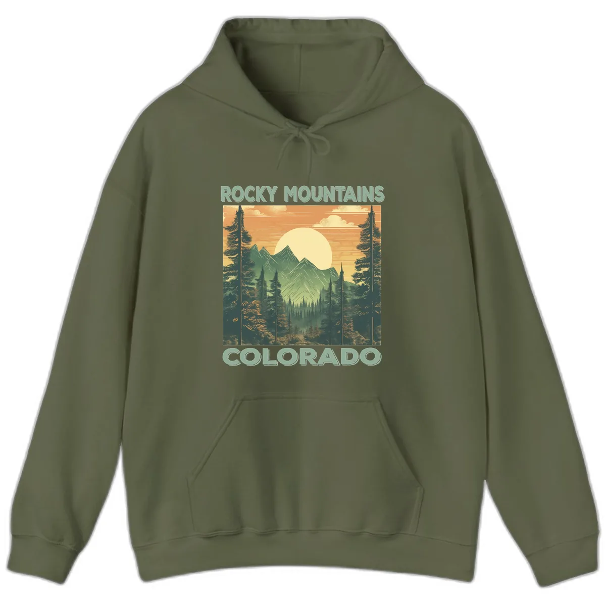 Rocky Mountains Colorado Sunset Hoodie in Military Green