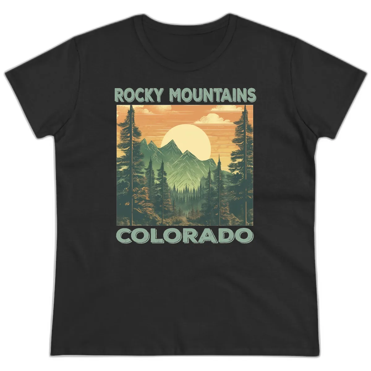 Rocky Mountains Colorado Sunset Ladies Tee in Black