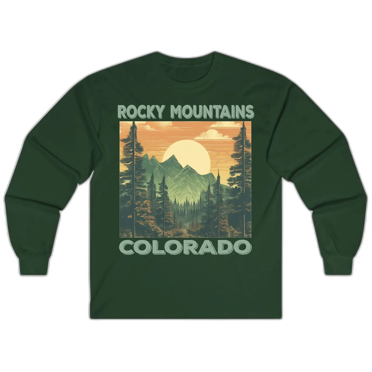 Rocky Mountains Colorado Sunset Long Sleeve in Forest Green