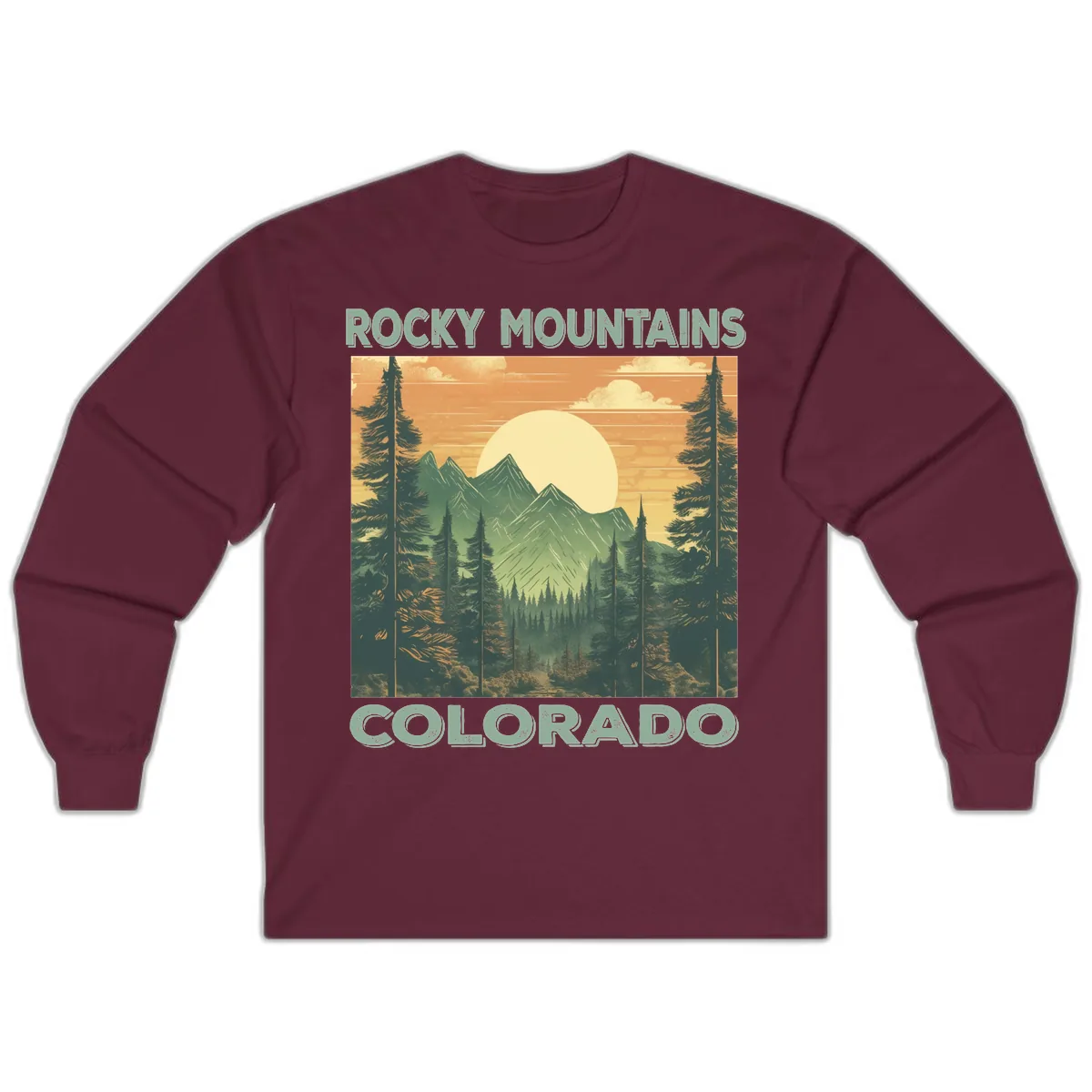 Rocky Mountains Colorado Sunset Long Sleeve in Maroon