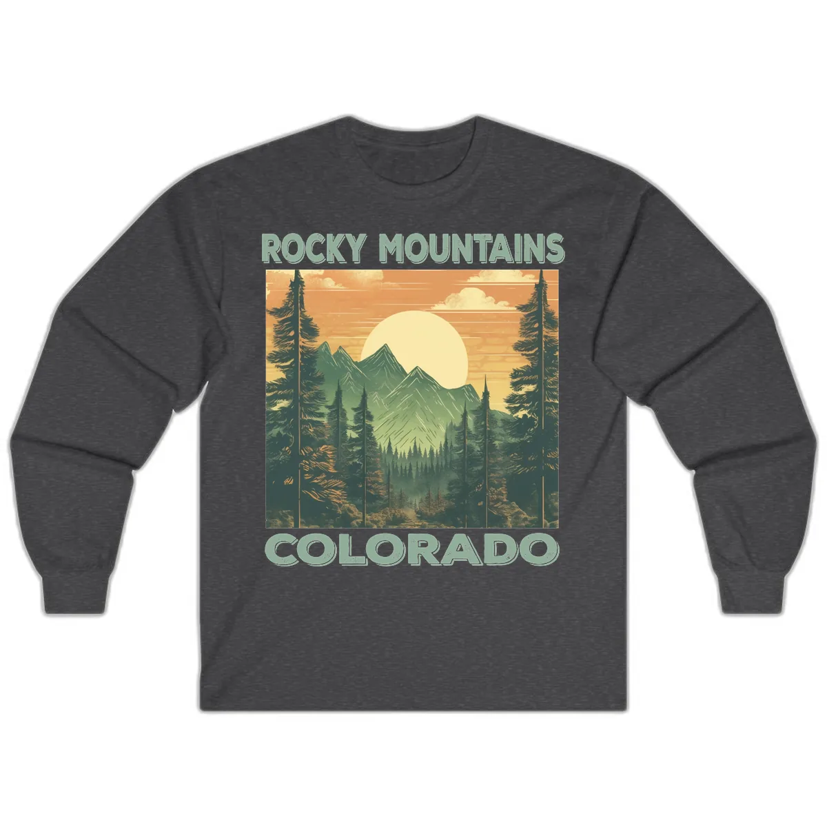 Rocky Mountains Colorado Sunset Long Sleeve in Dark Heather