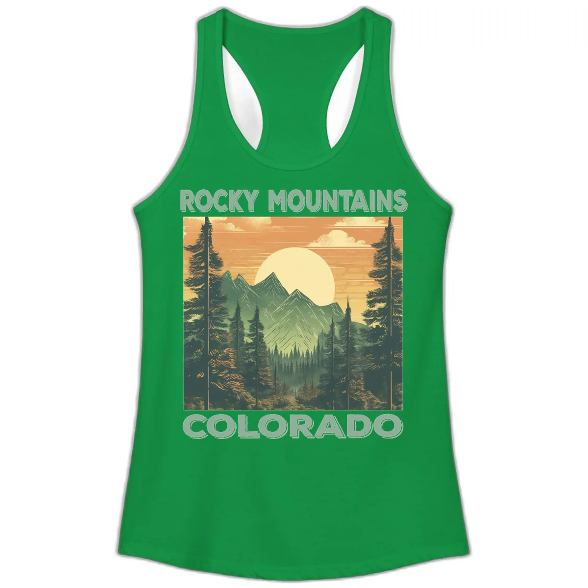 Rocky Mountains Colorado Sunset Ladies Tank in Solid Kelly Green