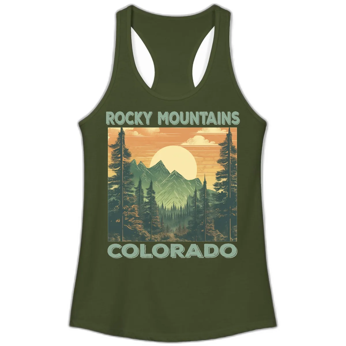 Rocky Mountains Colorado Sunset Ladies Tank in Solid Military Green