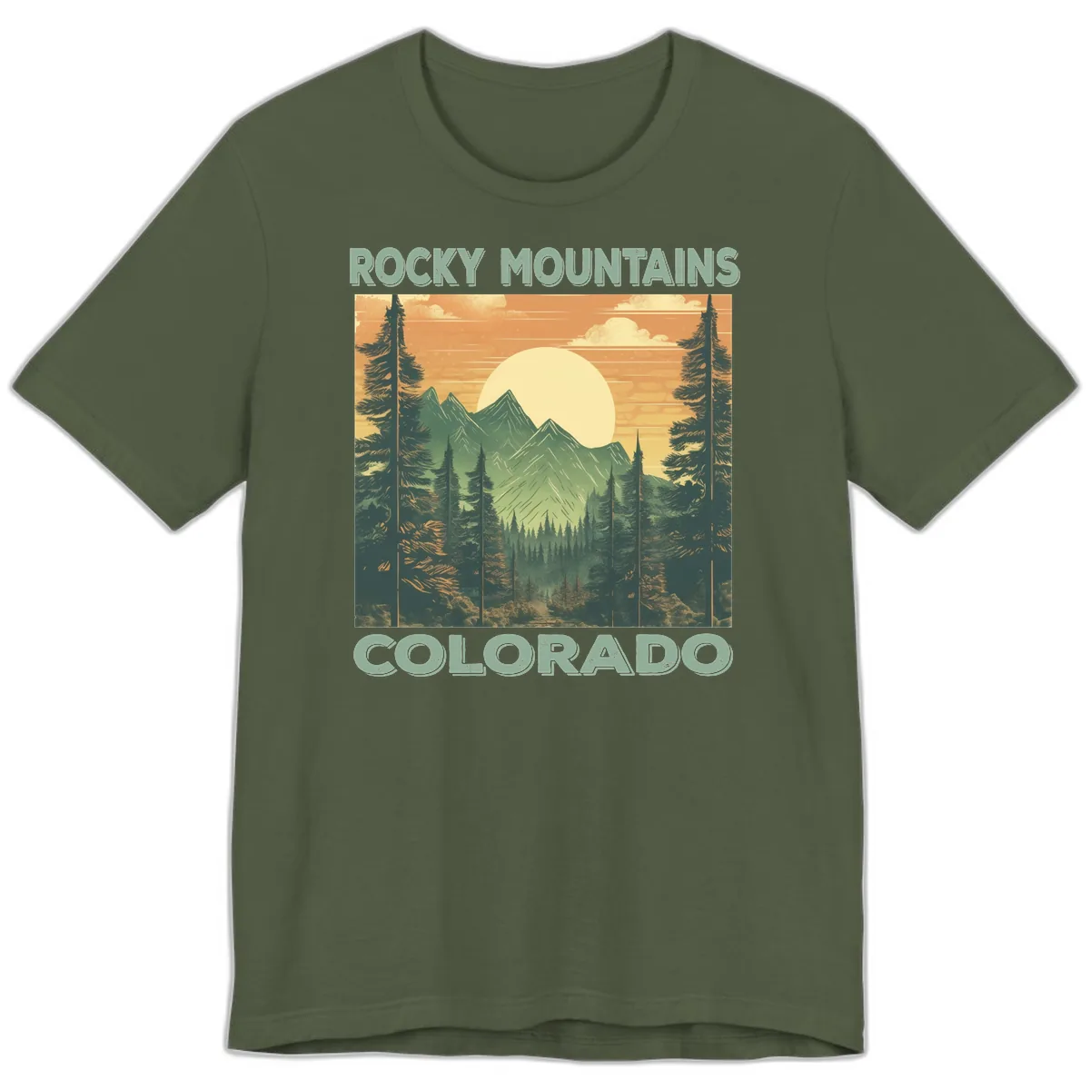Rocky Mountains Colorado Sunset Premium T-Shirt in Military Green