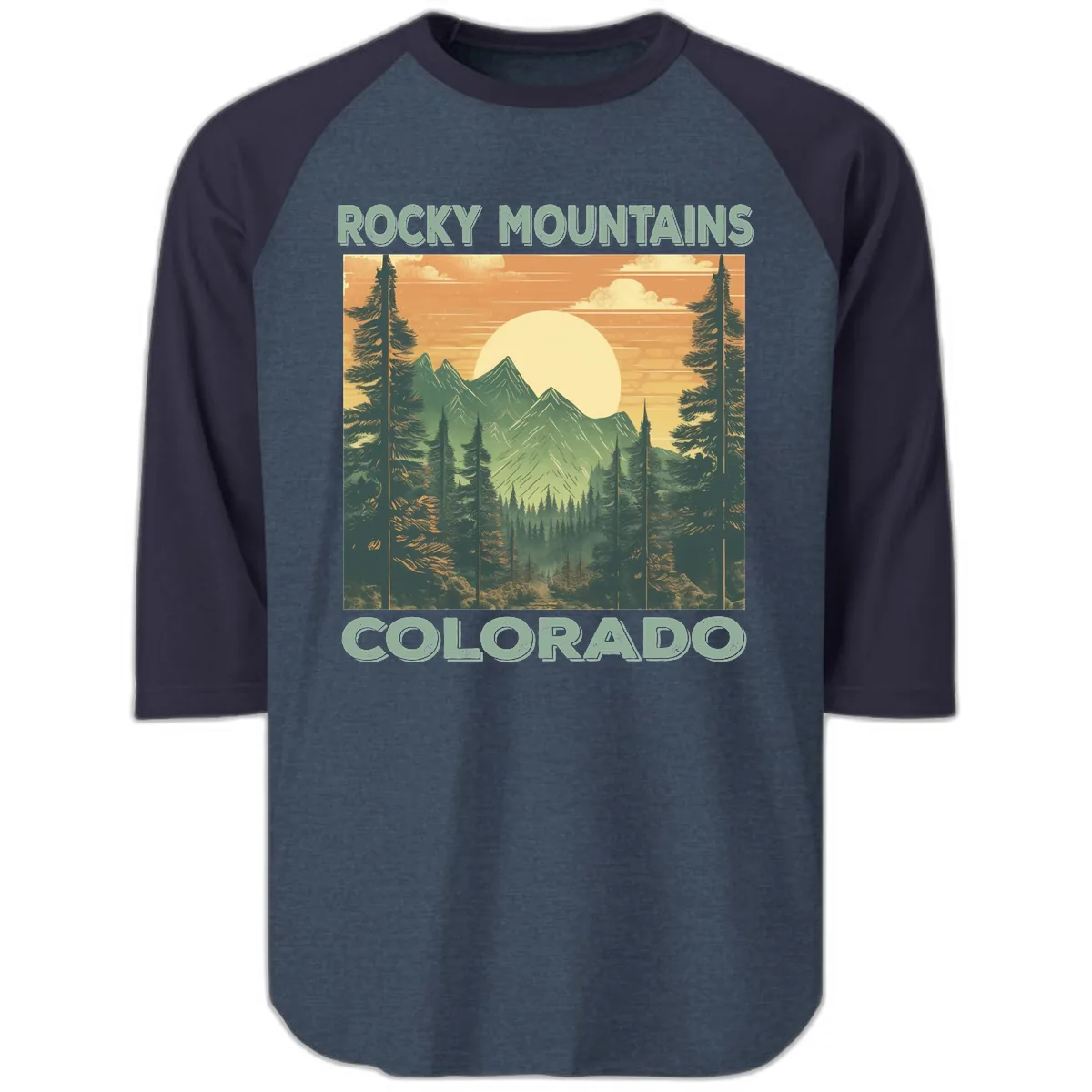 Rocky Mountains Colorado Sunset Raglan 3/4 in Heather Denim Navy