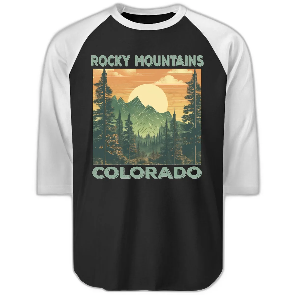 Rocky Mountains Colorado Sunset Raglan 3/4 in Black White