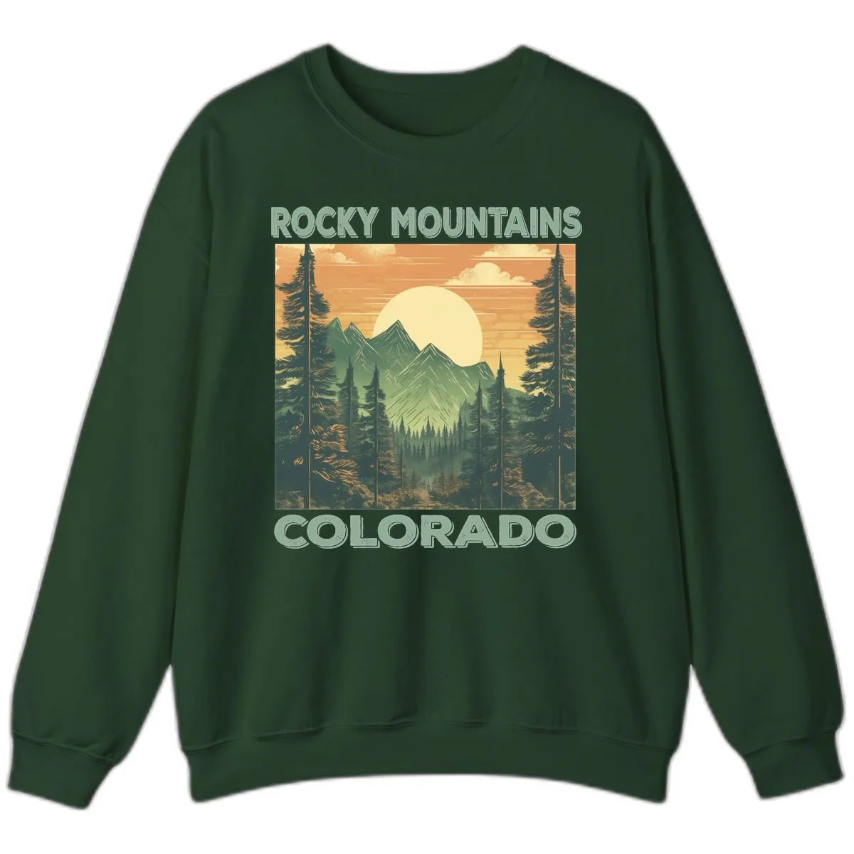 Rocky Mountains Colorado Sunset Sweatshirt in Forest Green