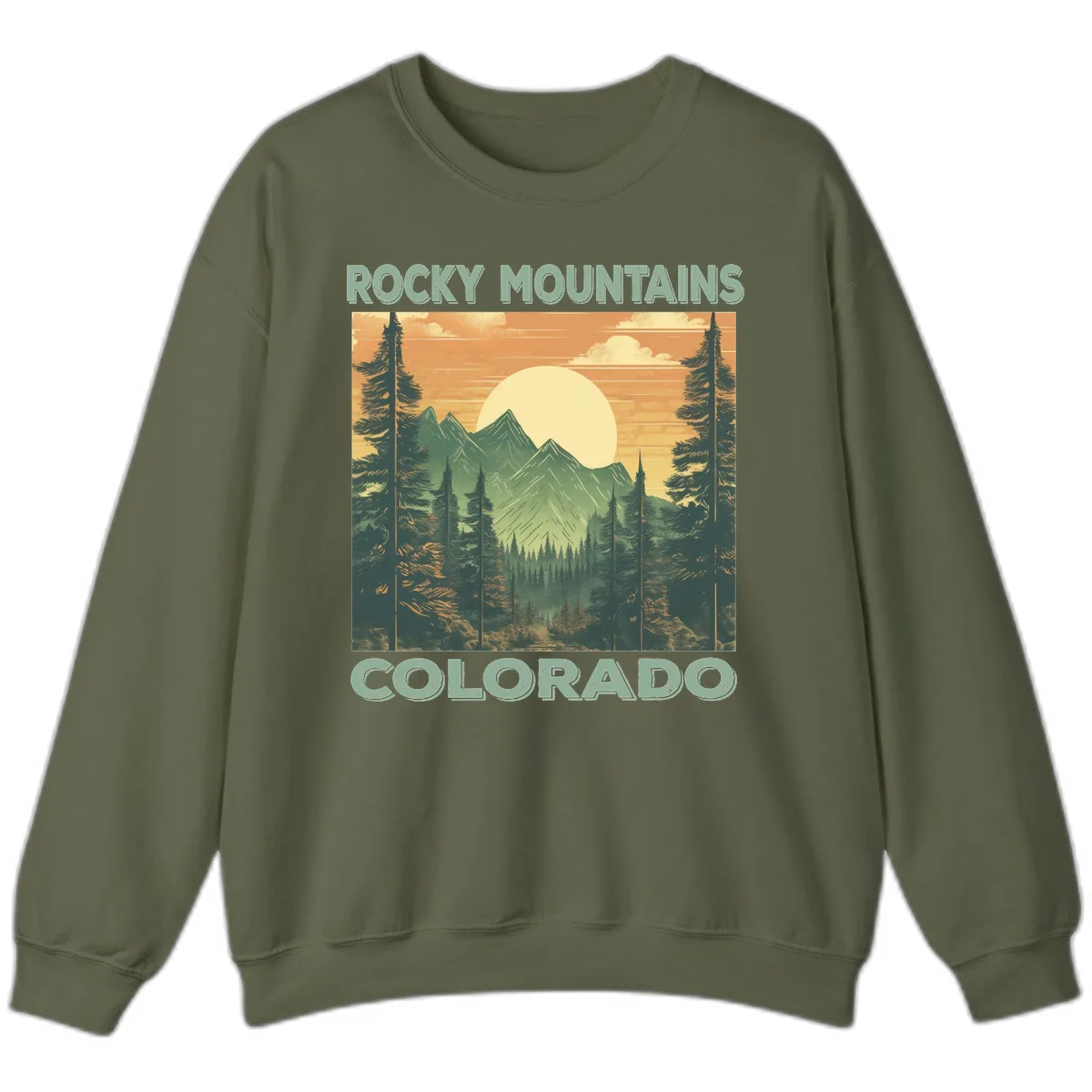 Rocky Mountains Colorado Sunset Sweatshirt in Military Green