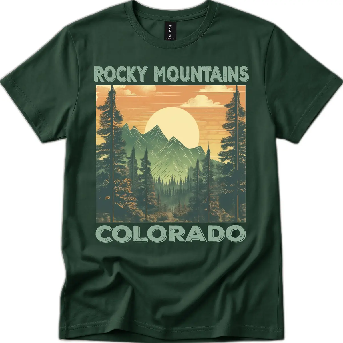Rocky Mountains Colorado Sunset T-Shirt in Forest Green