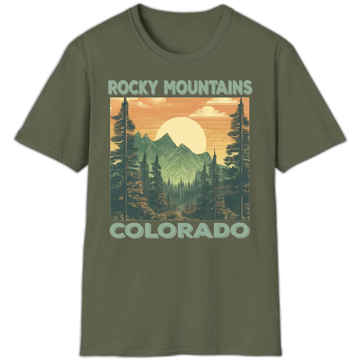 Rocky Mountains Colorado Sunset T-Shirt in Military Green