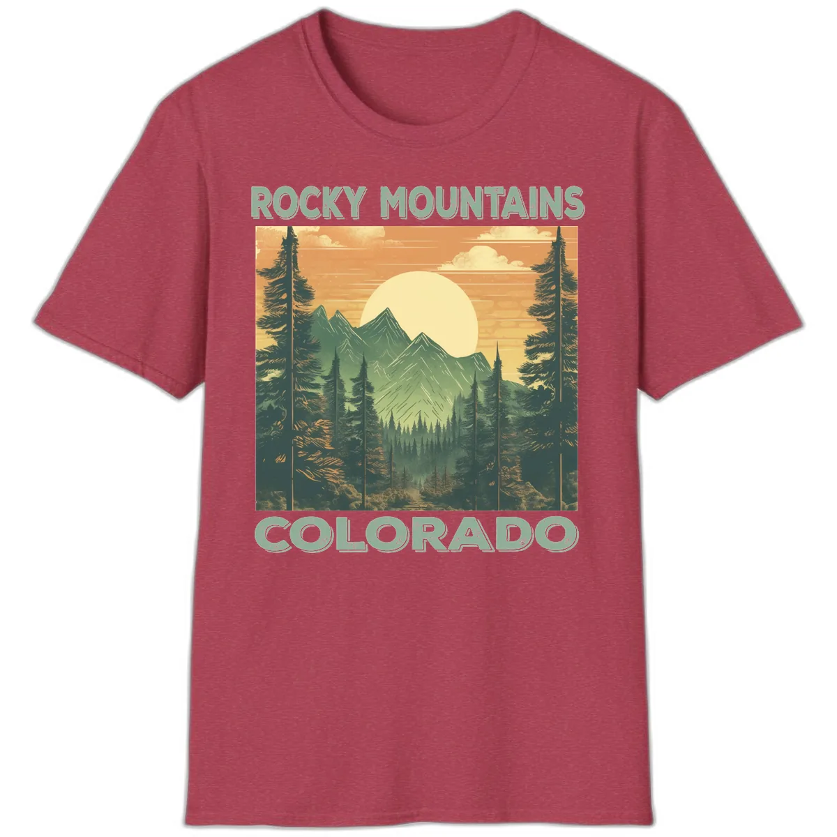 Rocky Mountains Colorado Sunset T-Shirt in Heather Cardinal