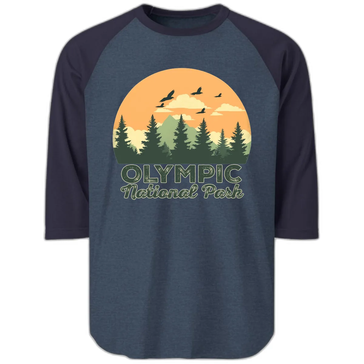 Olympic National Park Mountain Vista Raglan 3/4 in Heather Denim Navy