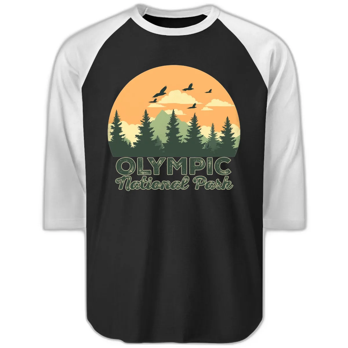 Olympic National Park Mountain Vista Raglan 3/4 in Black White