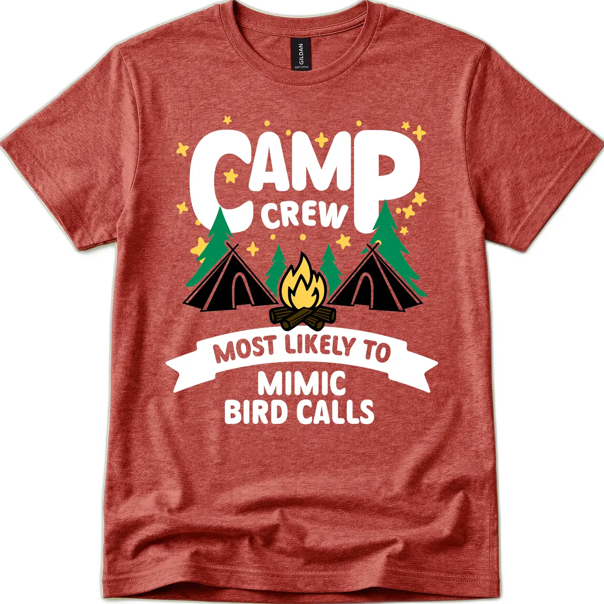 Camp Crew Most Likely To Mimic Bird Calls T-Shirt in Heather Cardinal