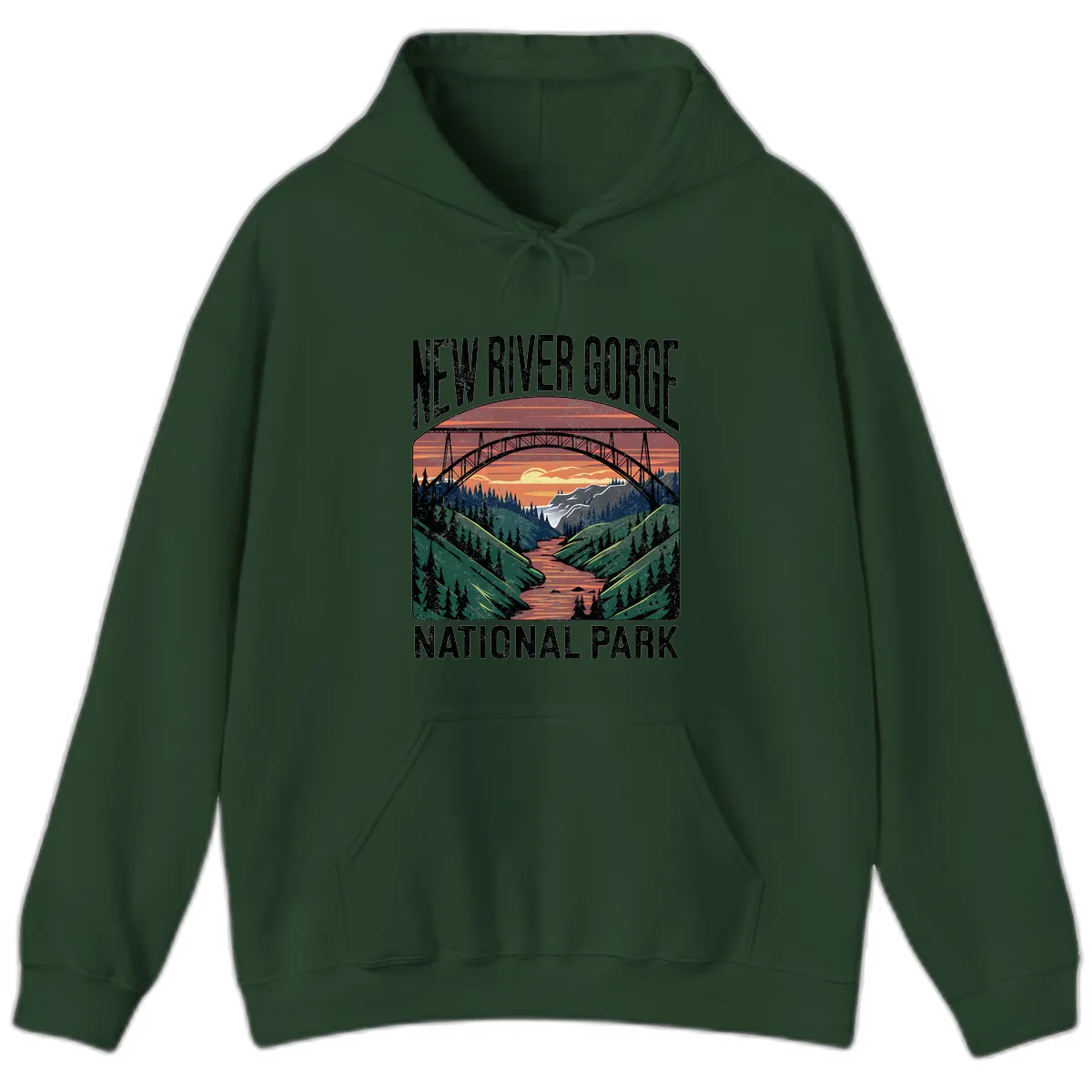 New River Gorge National Park Sunset Hoodie in Forest Green