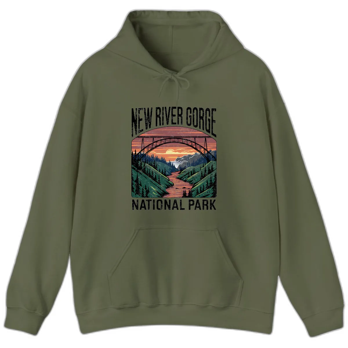 New River Gorge National Park Sunset Hoodie in Military Green