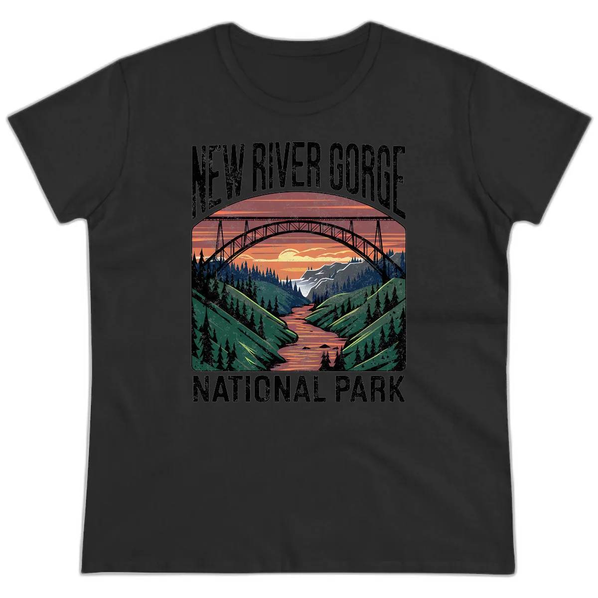 New River Gorge National Park Sunset Ladies Tee in Black