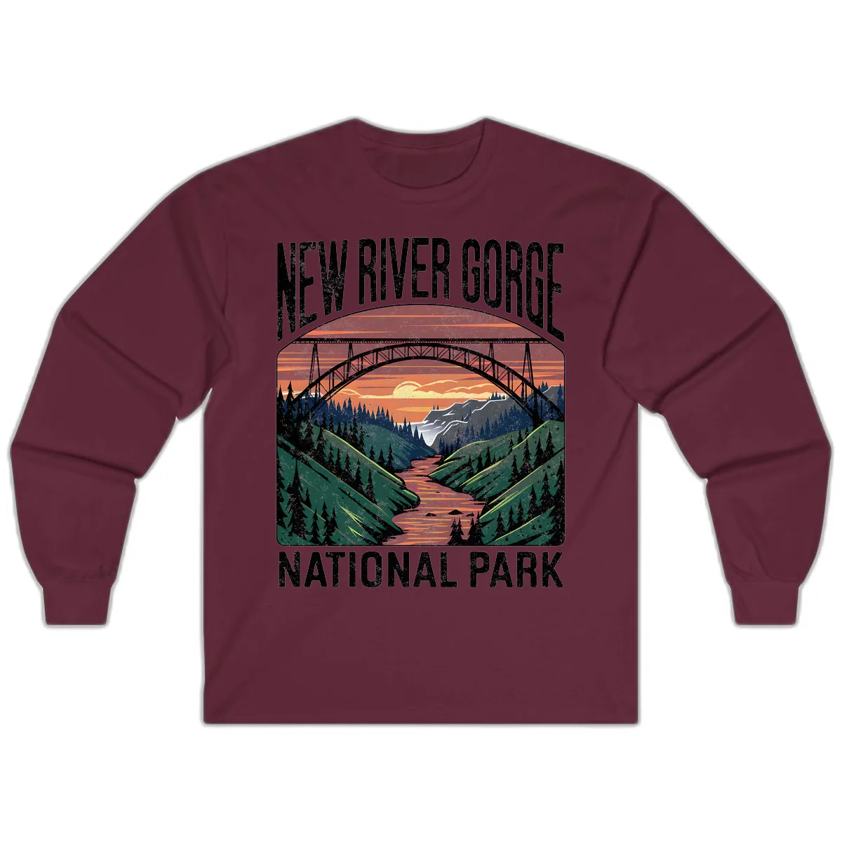 New River Gorge National Park Sunset Long Sleeve in Maroon