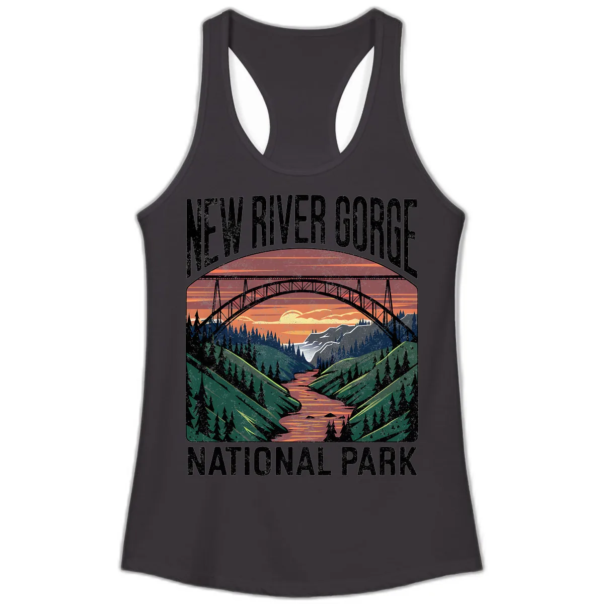 New River Gorge National Park Sunset Ladies Tank in Black