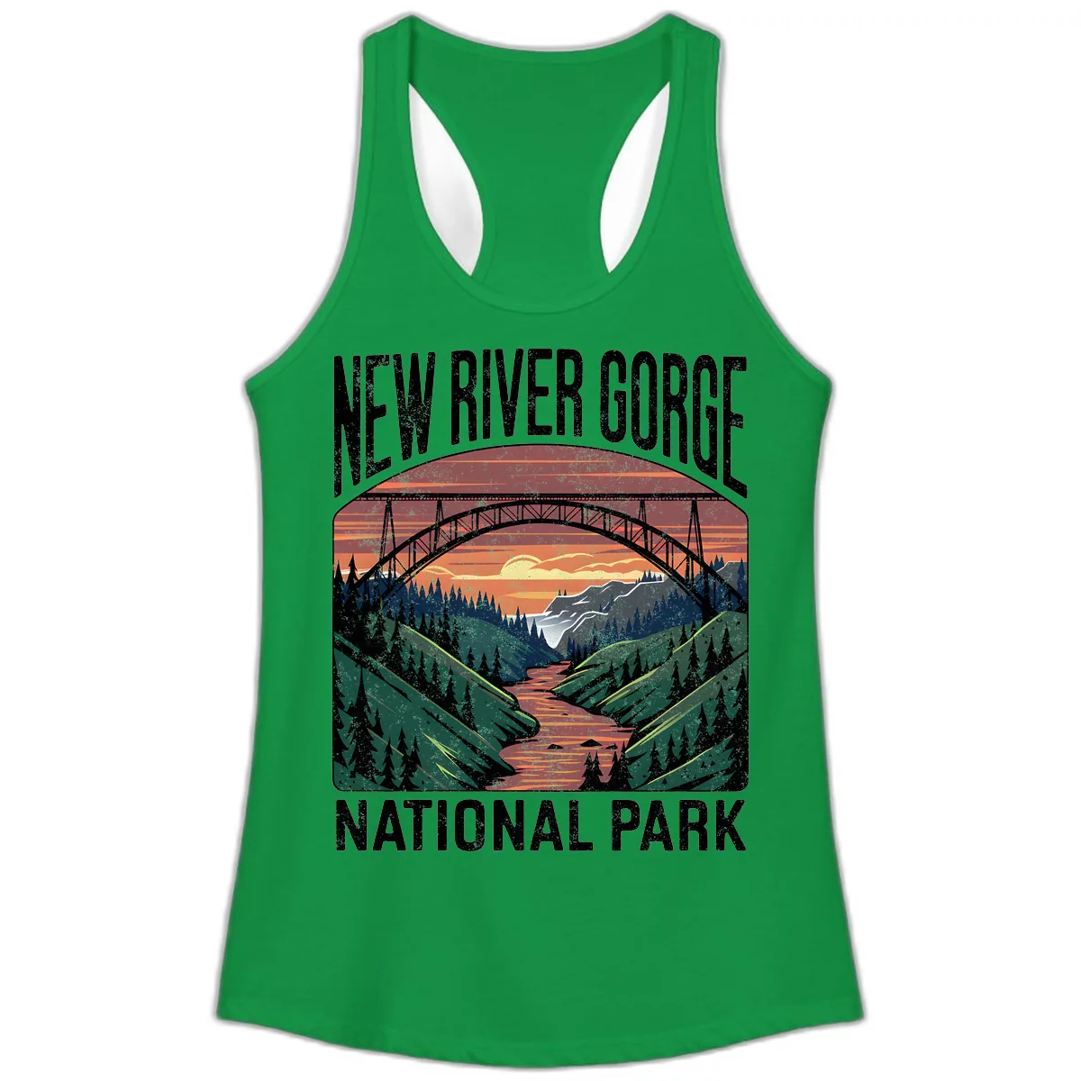 New River Gorge National Park Sunset Ladies Tank in Solid Kelly Green
