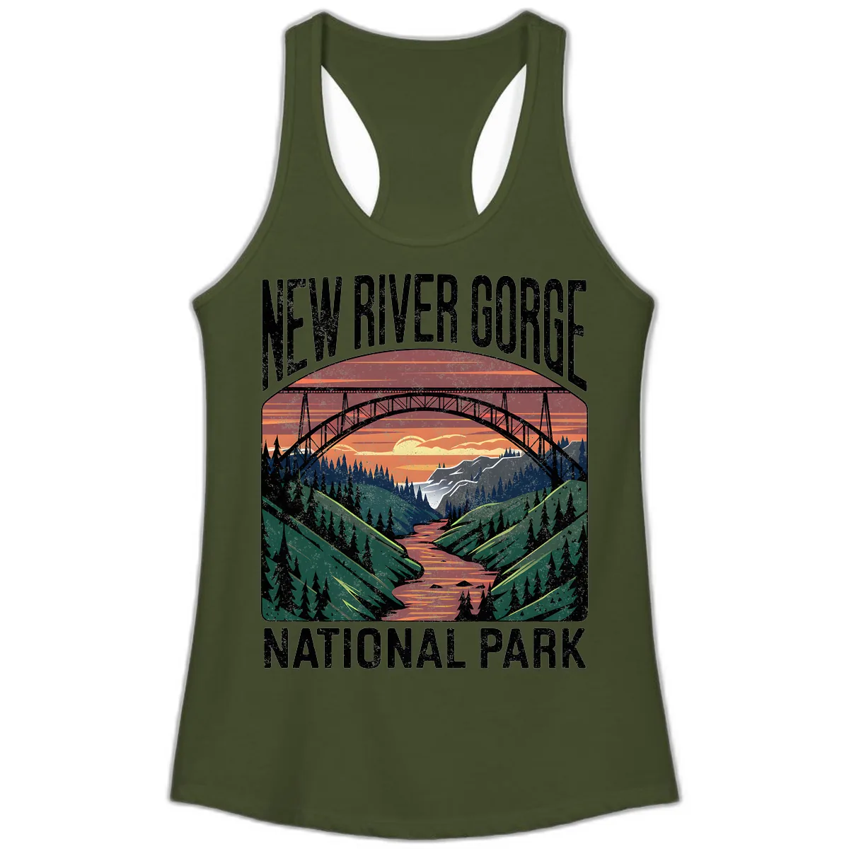 New River Gorge National Park Sunset Ladies Tank in Solid Military Green