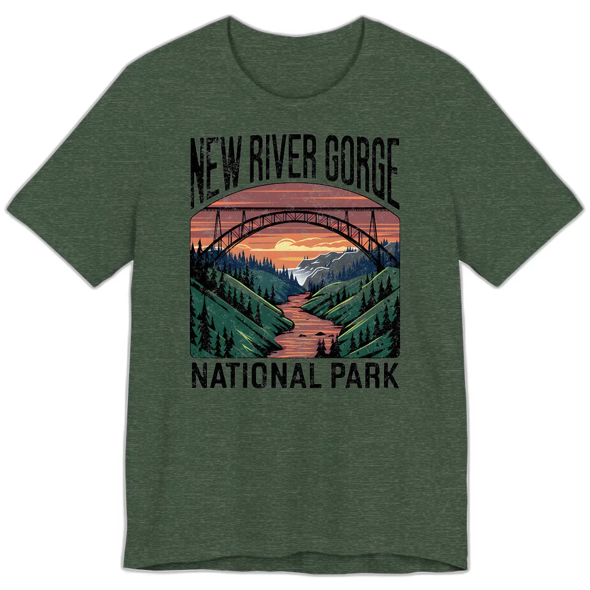 New River Gorge National Park Sunset Premium T-Shirt in Heather Forest