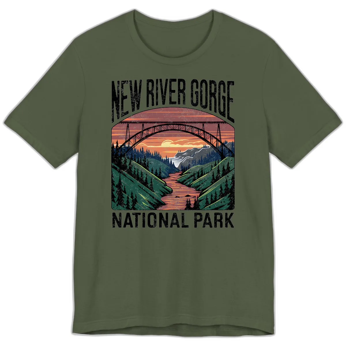 New River Gorge National Park Sunset Premium T-Shirt in Military Green