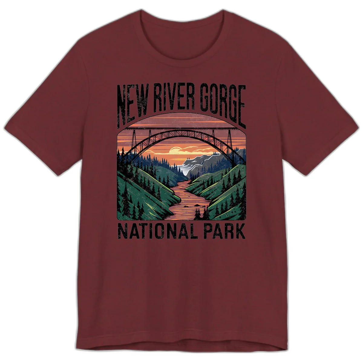 New River Gorge National Park Sunset Premium T-Shirt in Heather Cardinal