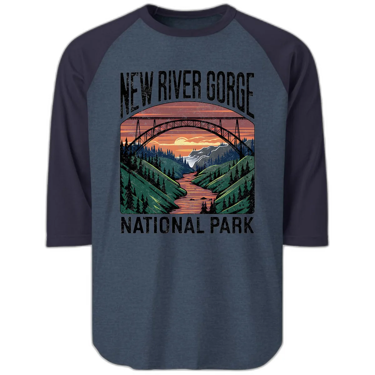 New River Gorge National Park Sunset Raglan 3/4 in Heather Denim Navy