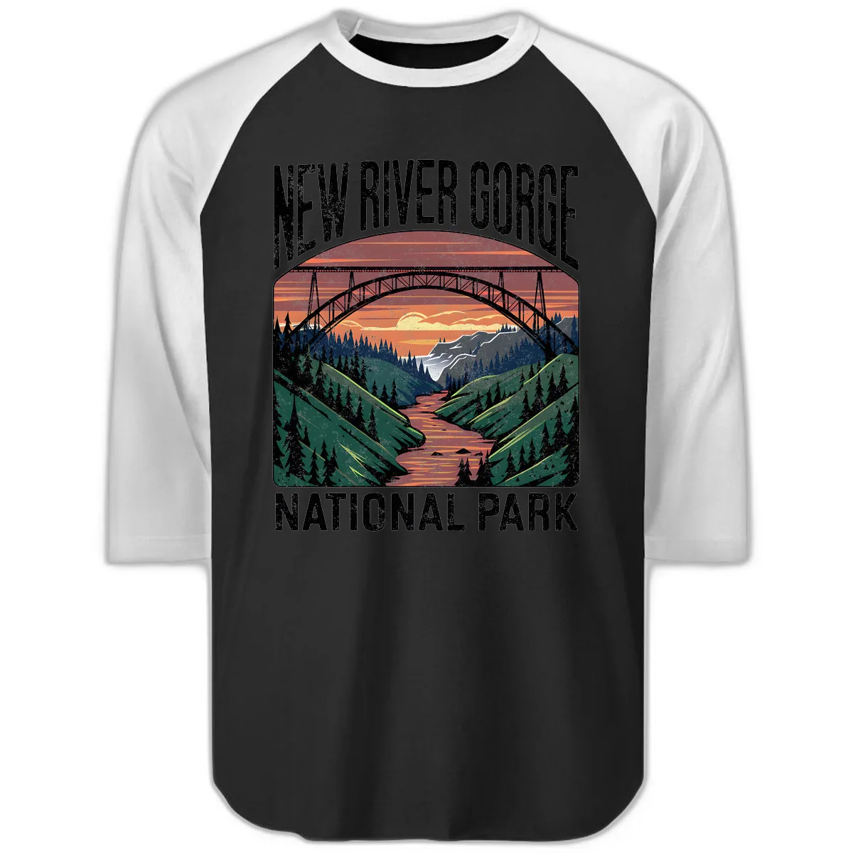 New River Gorge National Park Sunset Raglan 3/4 in Black White