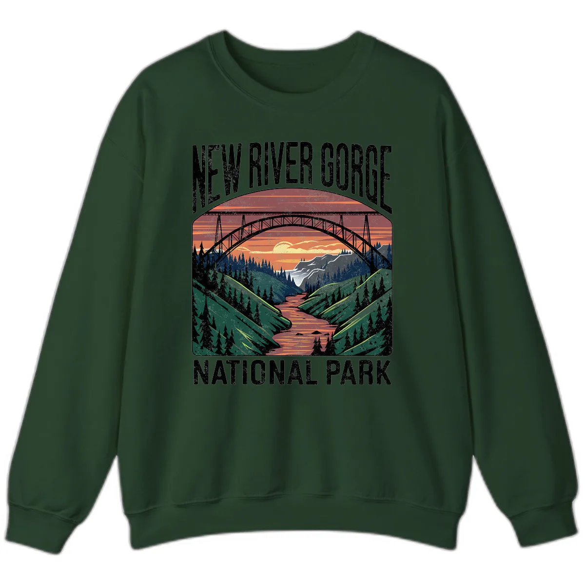 New River Gorge National Park Sunset Sweatshirt in Forest Green