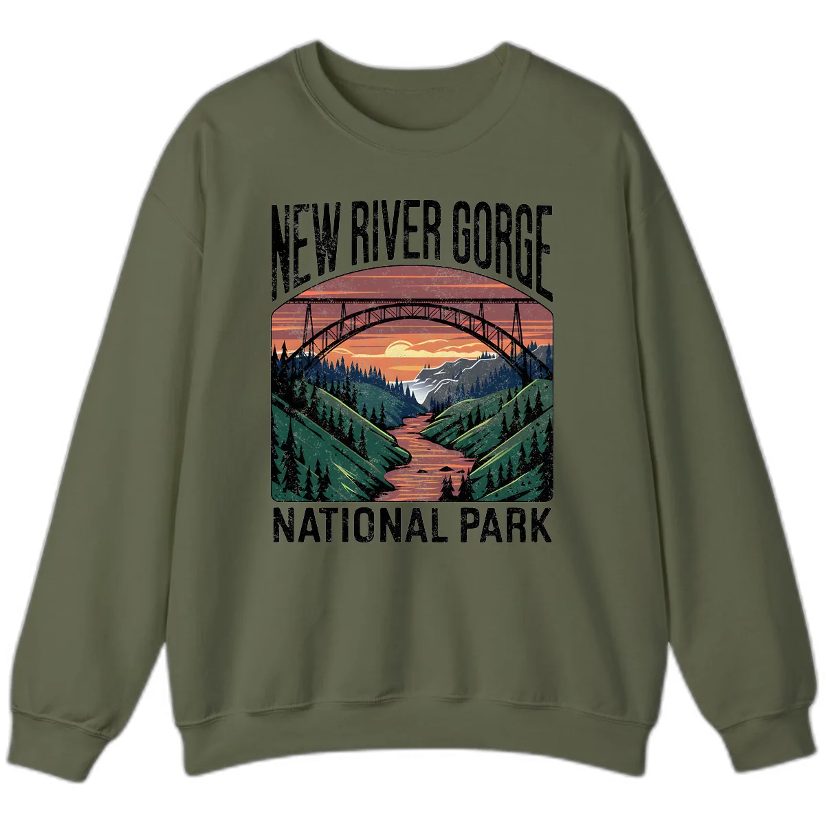 New River Gorge National Park Sunset Sweatshirt in Military Green