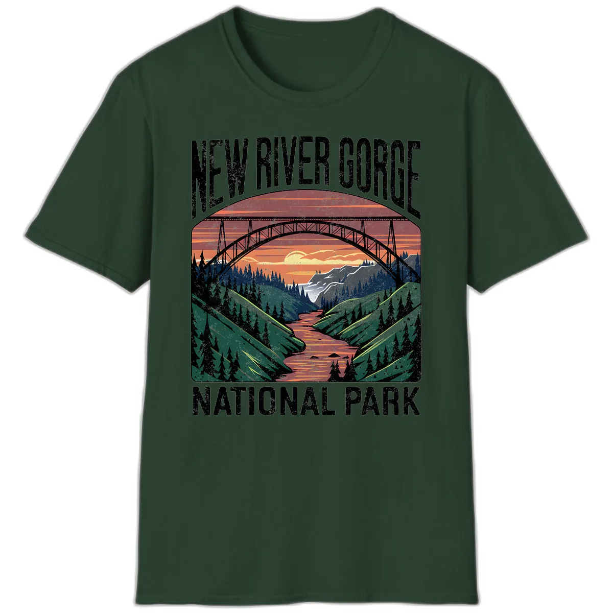 New River Gorge National Park Sunset T-Shirt in Forest Green
