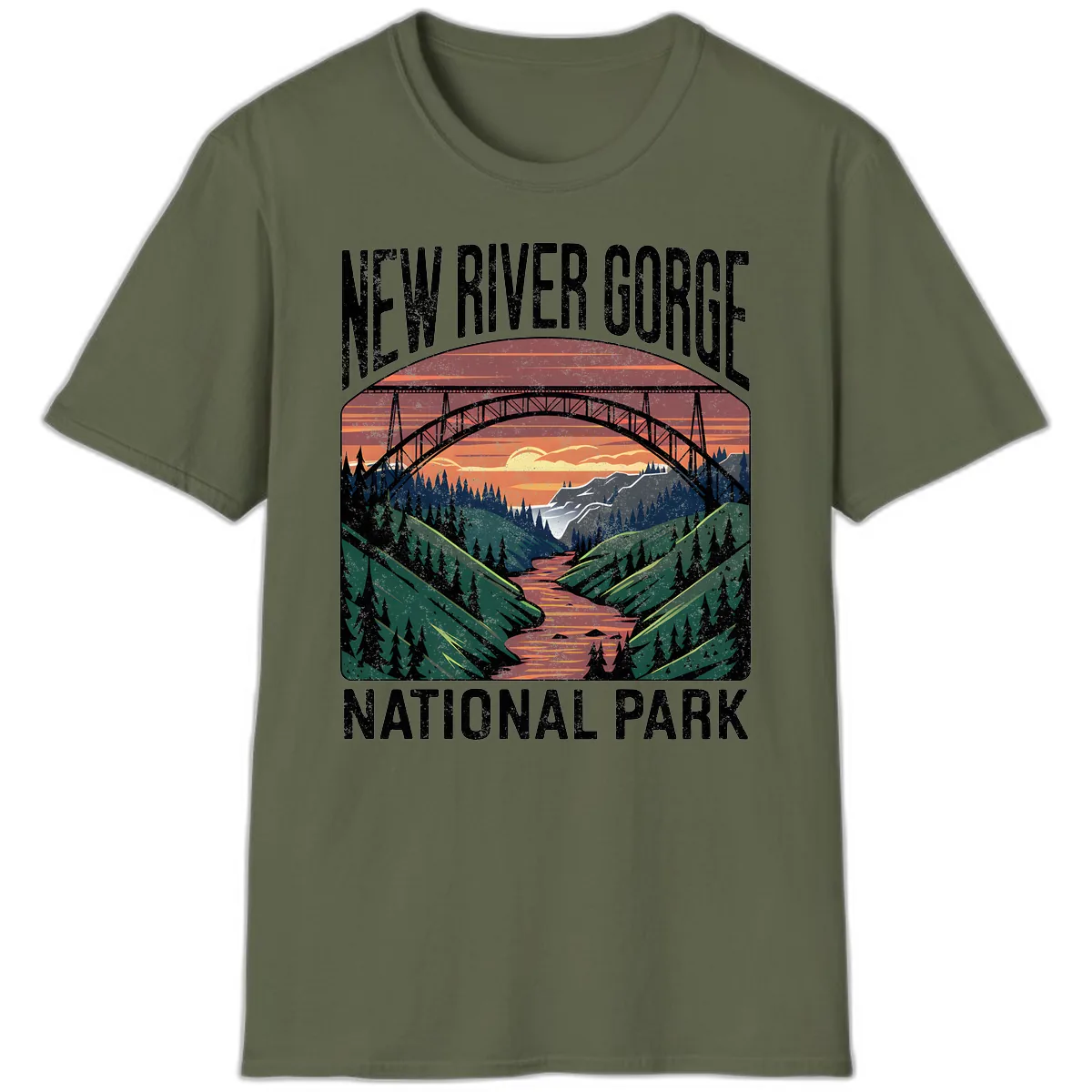 New River Gorge National Park Sunset T-Shirt in Military Green