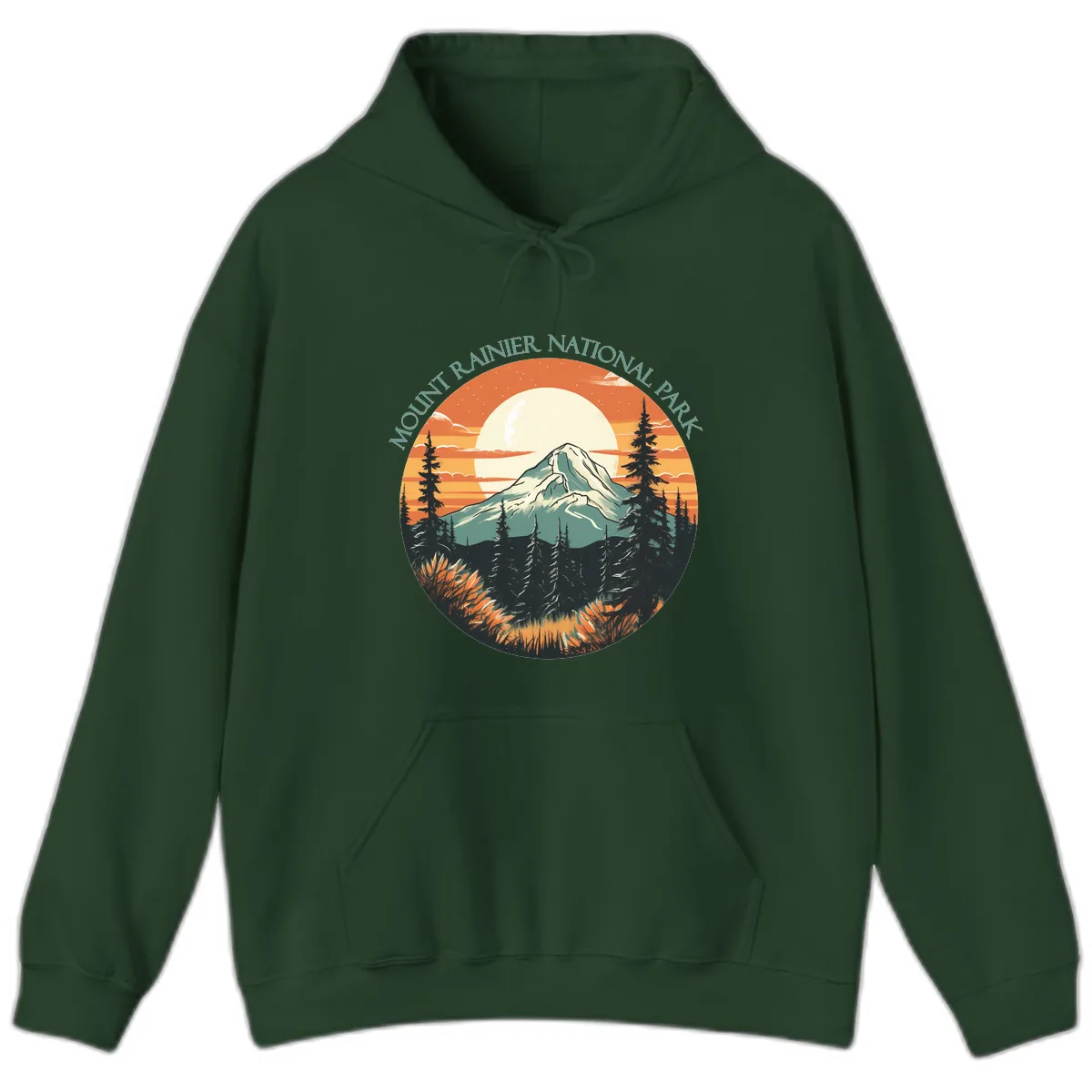 Mount Rainier National Park Sunset Hoodie in Forest Green