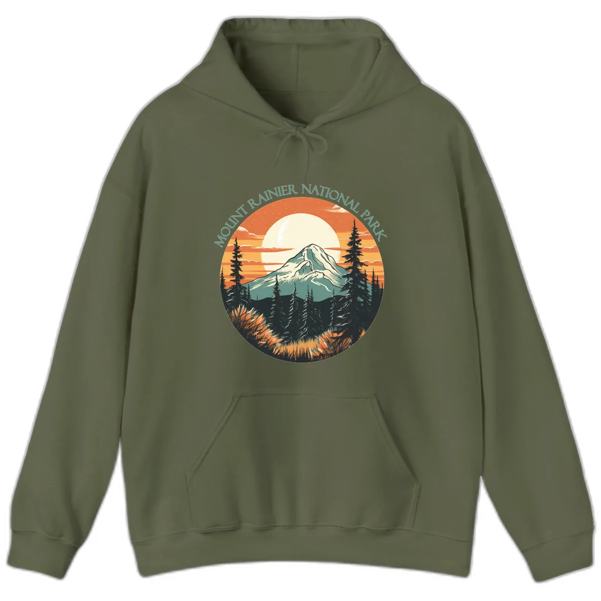 Mount Rainier National Park Sunset Hoodie in Military Green