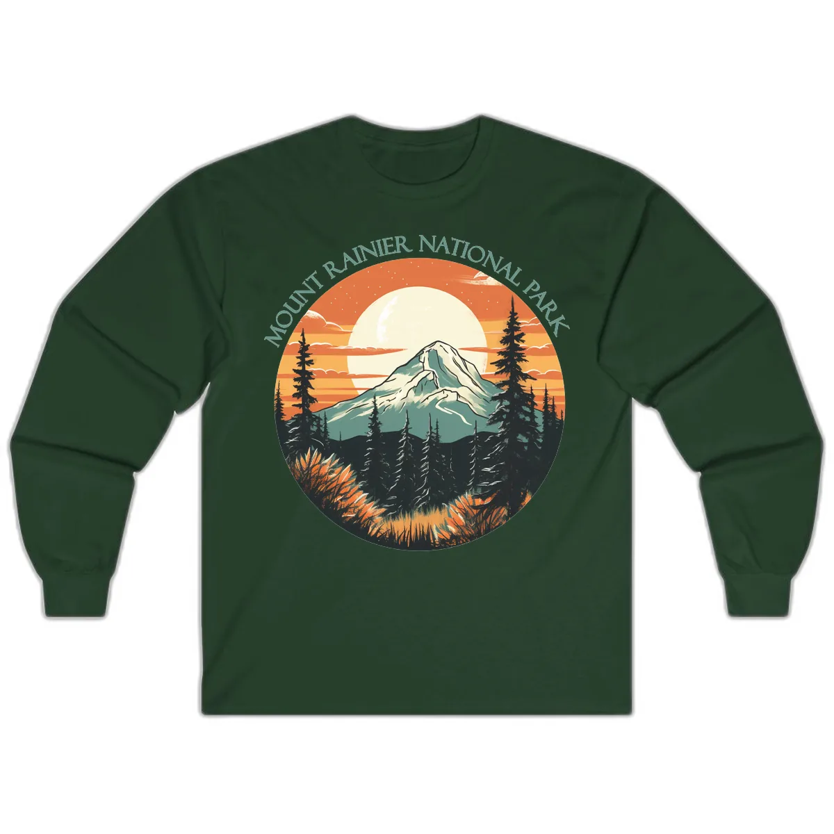 Mount Rainier National Park Sunset Long Sleeve in Forest Green