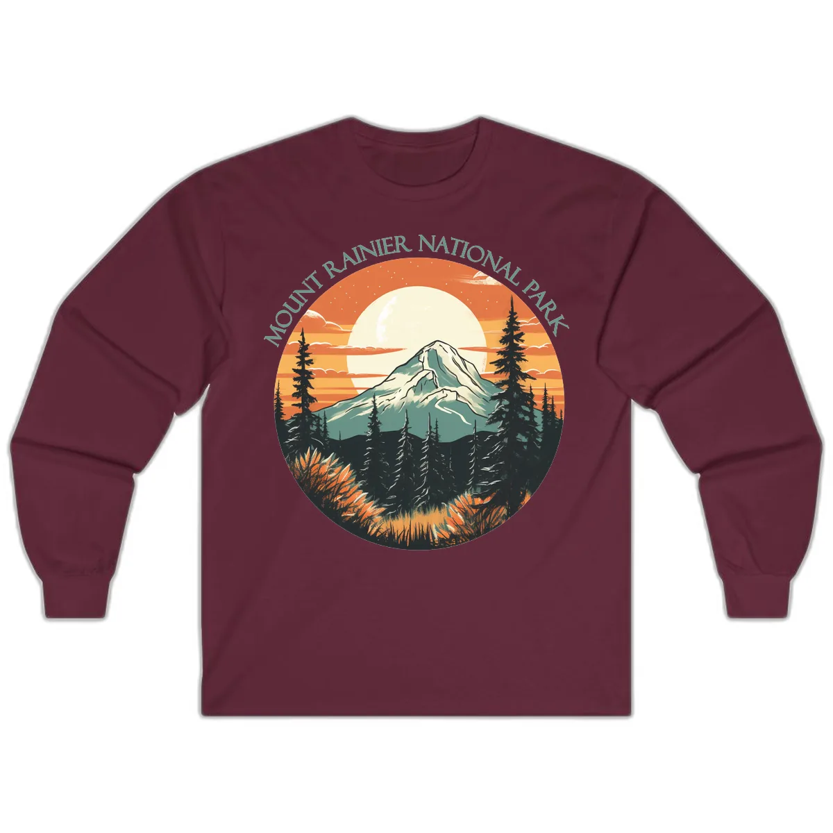 Mount Rainier National Park Sunset Long Sleeve in Maroon